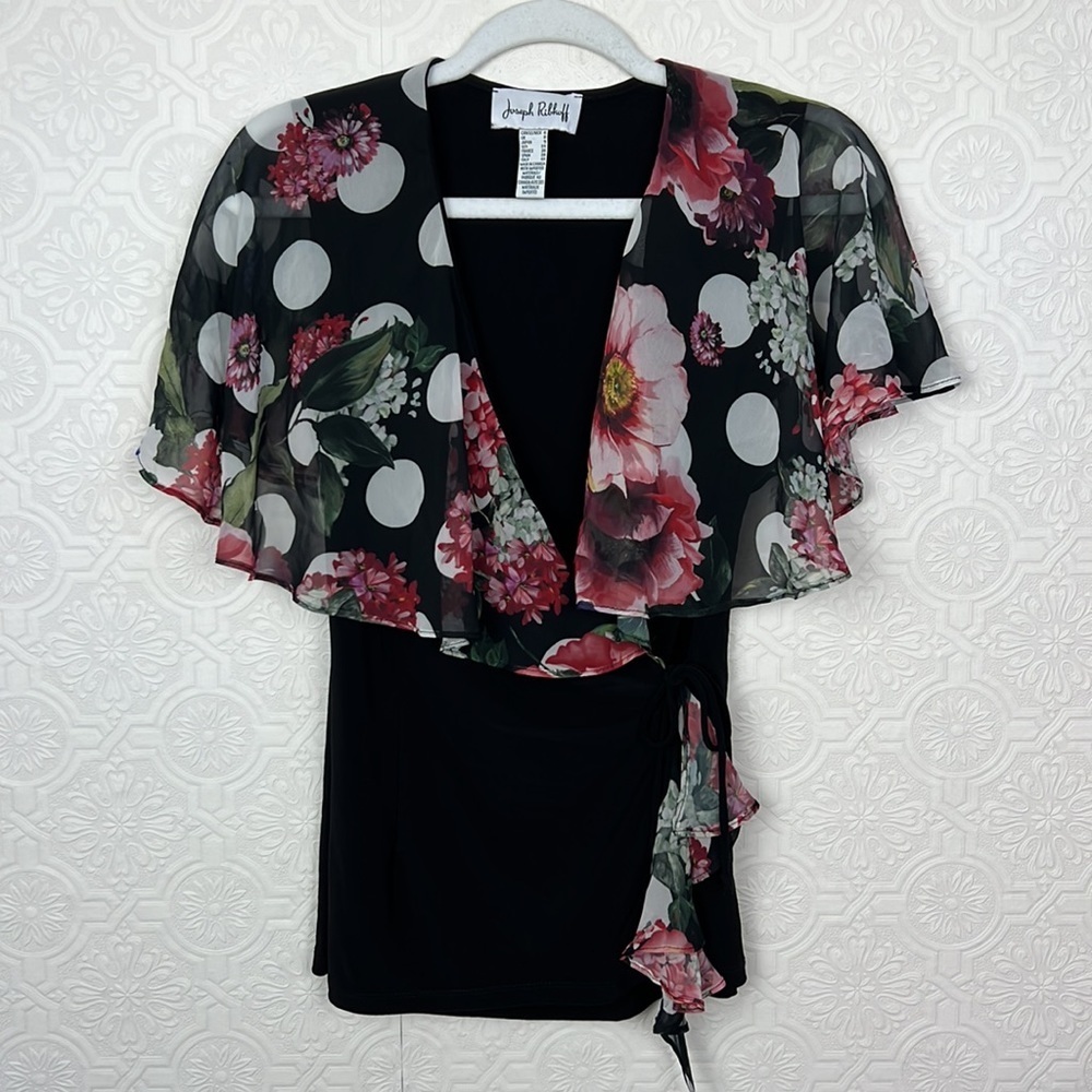 Joseph Ribkoff Flowy Wrap Blouse Floral‎ Pink Black Vneck Ruffle Flutter Shirt